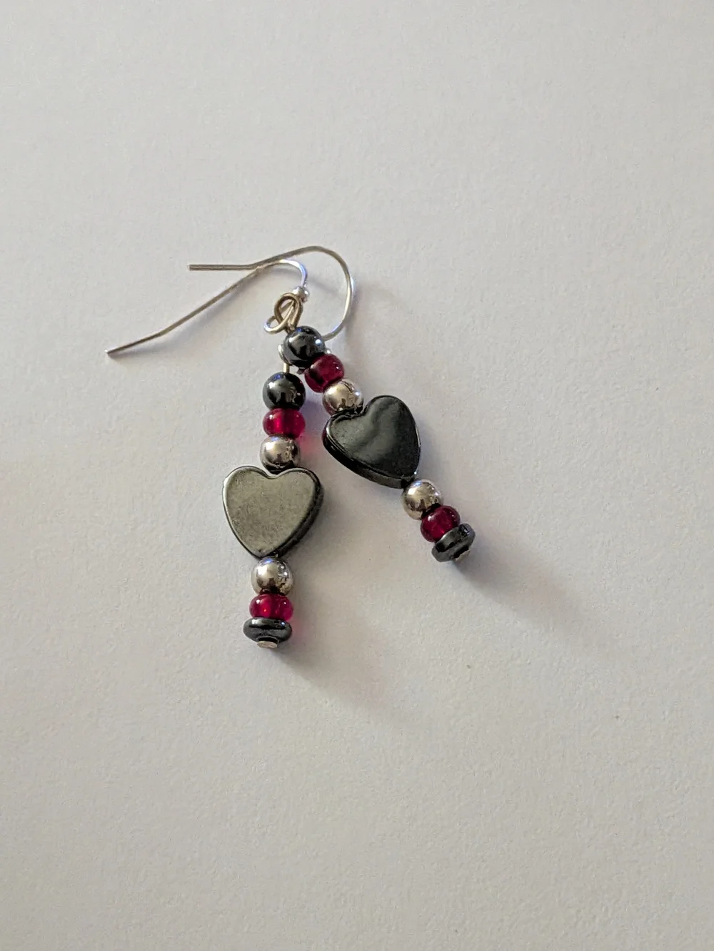 Hematite Heart Dangle Earrings in Black and Red